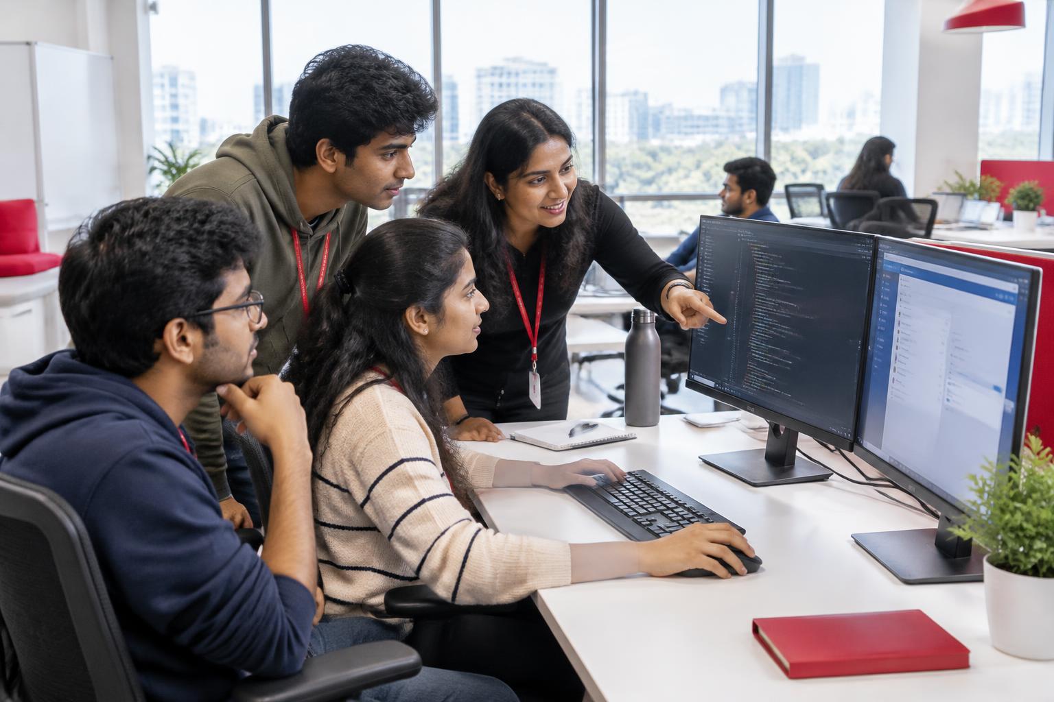 Engineering interns collaborating with a mentor in a modern software office