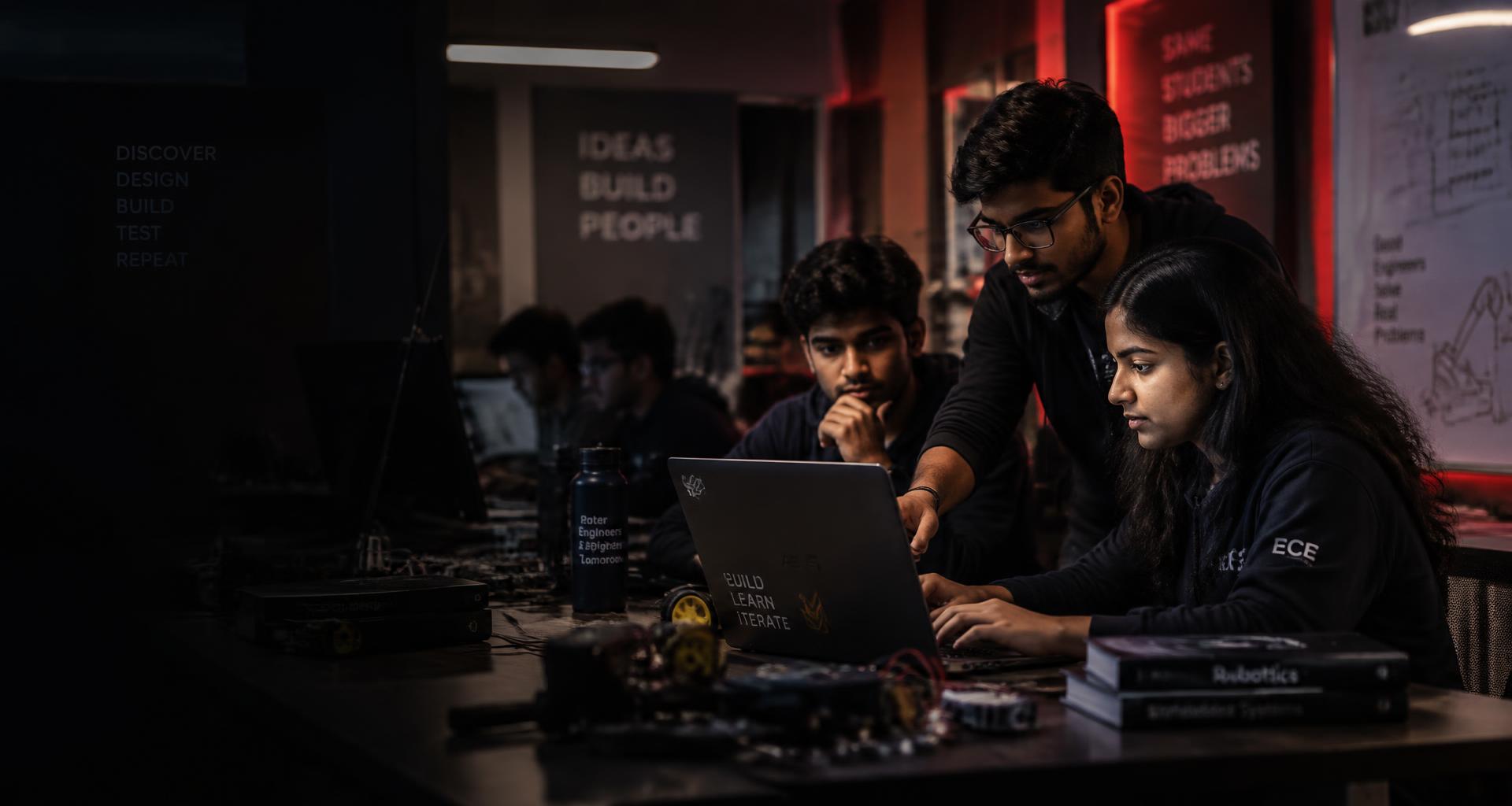 Engineering students collaborating on a laptop in a tech lab