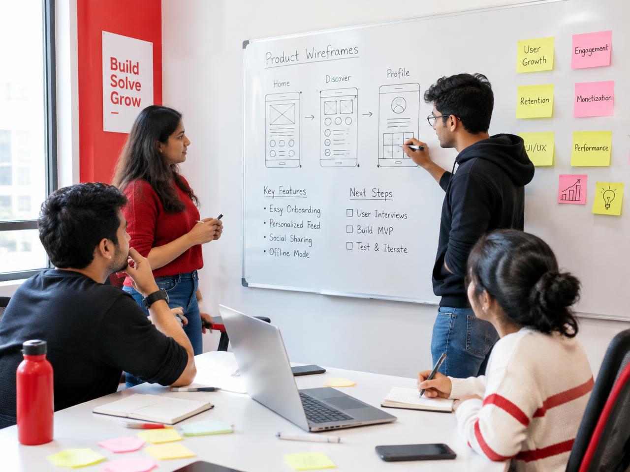 Students sketching product wireframes on a whiteboard
